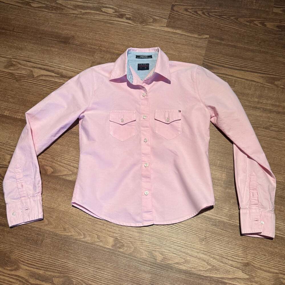 Tommy Jeans Women's Pink Long Sleeve Button-Front Shirt with Chest Pockets